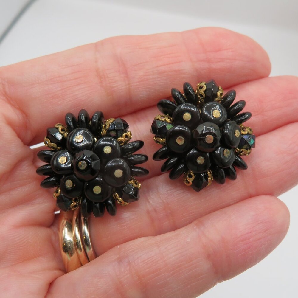 Laguna Vintage Black Bead Cluster Clip On Earrings